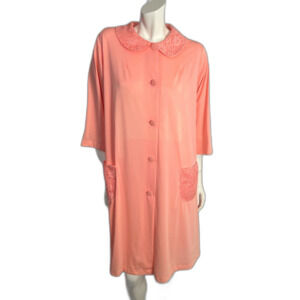 Vintage 1960s Shadowline Peach Pink Button Up Nightgown Peter Pan Collar Size M